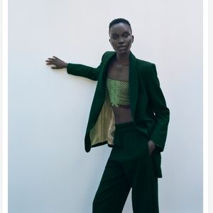 NWT Zara Womens Rustic Buttoned Blazer Jacket Green Business Casual s